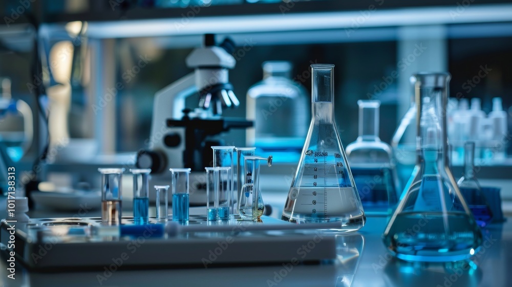 Leinwandbilder a diverse array of laboratory glassware holds vibrant solutions, with a microscope positioned for an