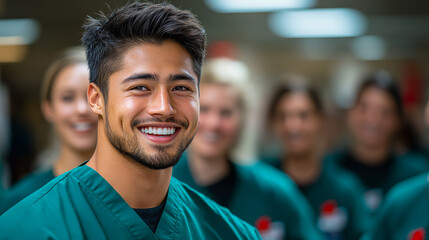 Fototapeta premium A cheerful healthcare worker stands confidently with teammates in scrubs, showcasing camaraderie in a medical setting.
