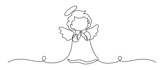 One continuous line drawing of praying angel. Christmas cherub and astrology horoscope symbol in simple linear style. Elegance logo editable stroke. Doodle vector illustration