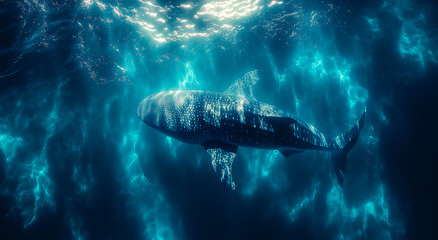 Naklejka premium A majestic whale shark glides effortlessly through deep blue waters, creating ripples and reflections in its serene environment.