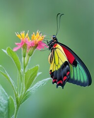 A Vibrant Birdwing Butterfly Perched on a Pink Flower
