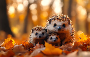 Obraz premium Three hedgehogs gather together, surrounded by vibrant autumn leaves in a serene woodland setting.