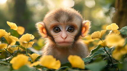 Fototapeta premium A young monkey sits amidst yellow flowers in a lush green environment, showcasing its curious and playful demeanor.