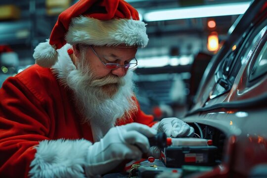Santa Claus, the skilled Automotive Technician, is working on Electric Battery Repair in the Auto Service Center.