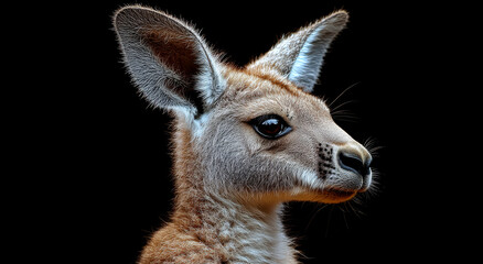 Obraz premium A close-up view of a young kangaroo's profile, showcasing its expressive features against a dark background.