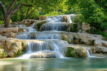 Obraz premium Cascading Waterfall Over Mossy Rocks and Lush Green Foliage