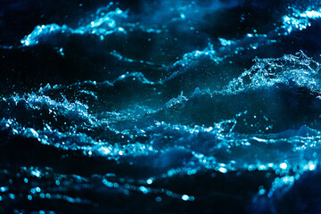 Turbulent waves in water at night, closeup
