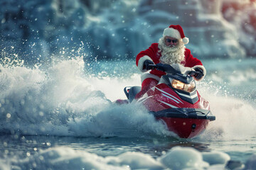 Naklejka premium Winter Adventure with Santa on a Mountain Jet Ski