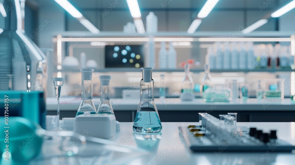 Poster A vibrant laboratory workspace showcases multiple glass containers filled with colorful liquids, emphasizing scientific exploration. Generative AI