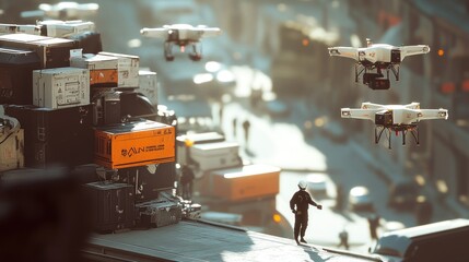 Obraz premium Futuristic City with Drones and Cargo Deliveries