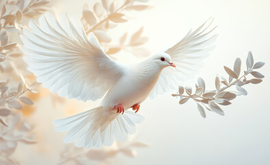 Obraz premium A white dove gracefully flies amid olive branches, symbolizing peace and hope in the warm light of early morning.