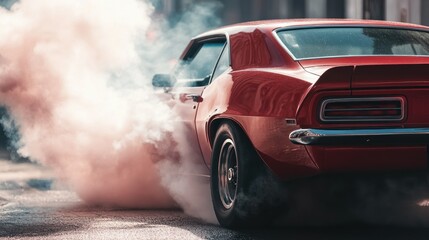 Red Classic Car With Smoke Emitting From Rear Tire