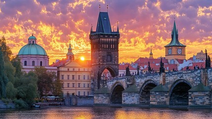 Obraz premium Sunset Over Charles Bridge and Prague Skyline