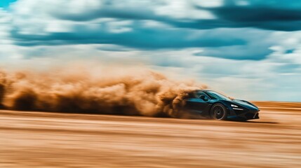 Obraz premium Black Sports Car Leaving a Dust Cloud in the Desert