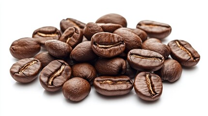 Naklejka premium Roasted coffee beans isolated on a white background, offering a delectable aroma and rich flavor.