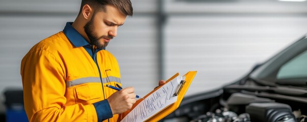 A mechanic inspecting a car's engine while taking notes on a clipboard, showcasing attention to detail and professionalism.