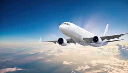 Obraz premium White Passenger Airplane Flying in the Sky with Amazing Clouds – Air Travel