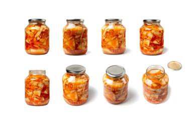 Kimchee in a glass jar isolated. Spicy kim chi, hot fermented napa cabbage, jimchi, korean gimchi