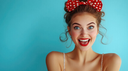 Naklejka premium A woman with red polka dot bow on her head is smiling. She has red lipstick and her eyes are wide open
