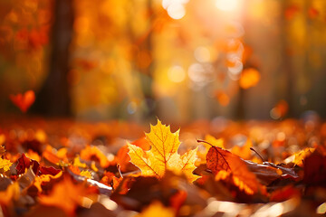 Golden autumn leaves in close-up. Natural autumn blurred background