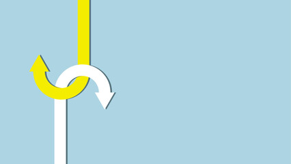 Yellow and white arrows intersecting in opposite directions on a solid blue background. One arrow goes down and spins up, while the other goes up and spins down.