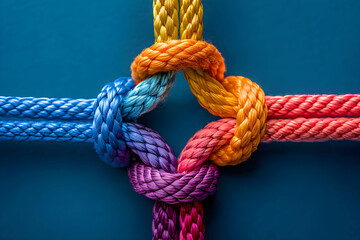 Close-up of a multicolored rope tied in a knot on a bright blue background