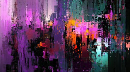 Abstract Digital Glitch Art with Purple, Orange, and Teal Hues