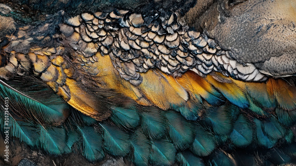 Poster Close-up of Colorful Bird Feathers with Detailed Texture