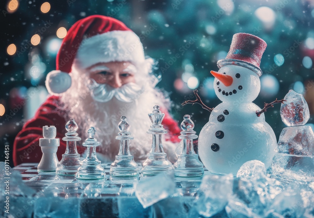 Poster santa claus plays chess with a snowman on an ice table, and the chess pieces are made of ice. the ch