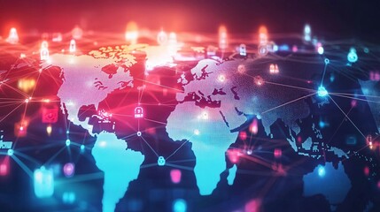 Obraz premium Global Network Map with Illuminated Continents and Security Icons
