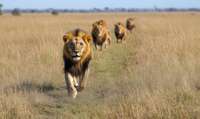 A powerful male lion strides ahead, leading a group of lions through the dry, sunlit grasslands, presenting grandeur and the essence of untamed African wildlife