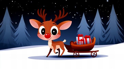 Fototapeta premium A cute cartoon reindeer pulls a sleigh full of presents through a snowy forest. The reindeer is excited about the festive season and the joy it brings.