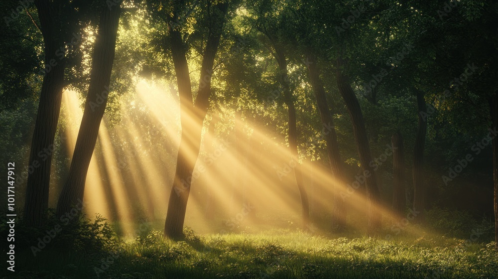 Wall mural Golden Sunlight Streaming Through Forest Trees