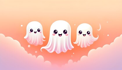 Obraz premium three cheerful ghosts with funny faces floating on pastel shades