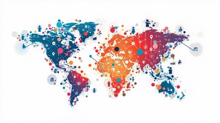 Obraz premium World Map with Connected Dots and Icons Representing Global Communication and Interconnectivity