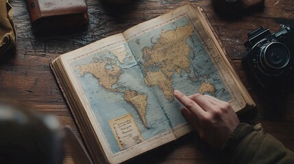 A hand points to a vintage map of the world, laid open on a wooden table surrounded by travel-related items like a camera and books.