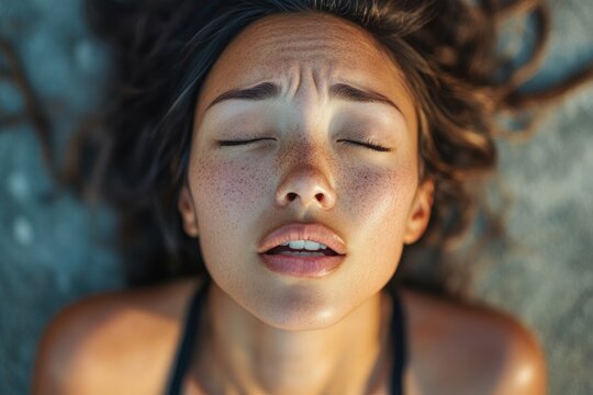 moaning young sensual latinx woman with open mouth and closed eyes getting sexual pleasure, orgasm, top view portrait. erotic, sex, masturbation and cunnilingus.