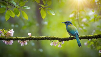 A vibrant bird perched on a delicate branch, its feathers glistening with dew, surrounded by a soft focus of morning sunlight filtering through the leaves of a lush green forest.