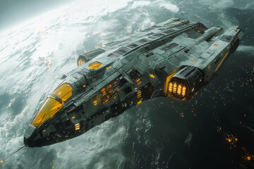 A massive alien ship orbiting a distant planet, representing the technological advancement of alien civilizations. Concept of technology.