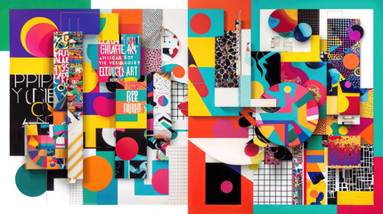 Abstract geometric collage with vibrant colors, shapes, and text elements forming a dynamic, layered composition.