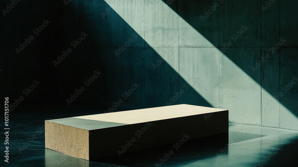 Poster Wooden Platform in a Minimalist Concrete Room with Sunlight