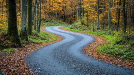 Obraz premium Winding Road Through an Autumnal Forest