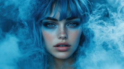 Fototapeta premium A close-up shot of a young woman with striking blue hair surrounded by swirling blue smoke, creating a bold and artistic fashion statement.