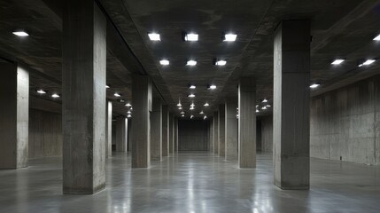 Naklejka premium A concrete exhibition hall with towering pillars and ambient square ceiling lights, designed to host large-scale art displays, with an unfinished floor that adds to the raw aesthetic.
