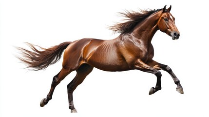 Obraz premium A brown horse gallops with its mane and tail flowing in the wind, isolated on a white background.