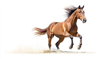 Obraz premium A brown horse gallops with its mane and tail flowing in the wind, isolated on a white background.
