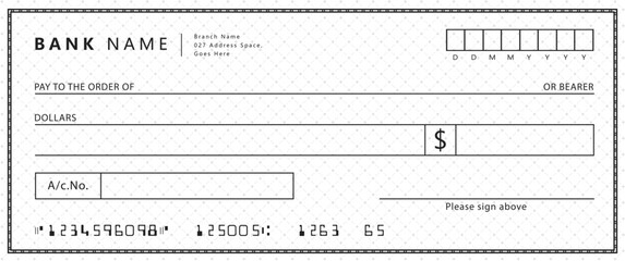 Bank check, vector blank money check, checkbook template with guilloche pattern and fields. Currency payment coupon, money check background	