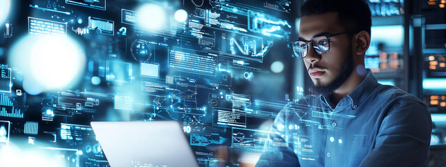 Young man working on laptop, data center with racks of computers in background.