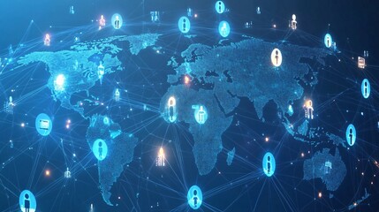 Obraz premium Global Network of Interconnected People Represented by Icons on a Digital World Map
