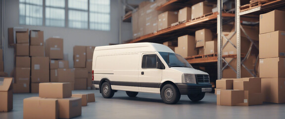 Fototapeta premium A delivery van is parked at the warehouse loaded with cardboard boxes A truck delivering orders purc